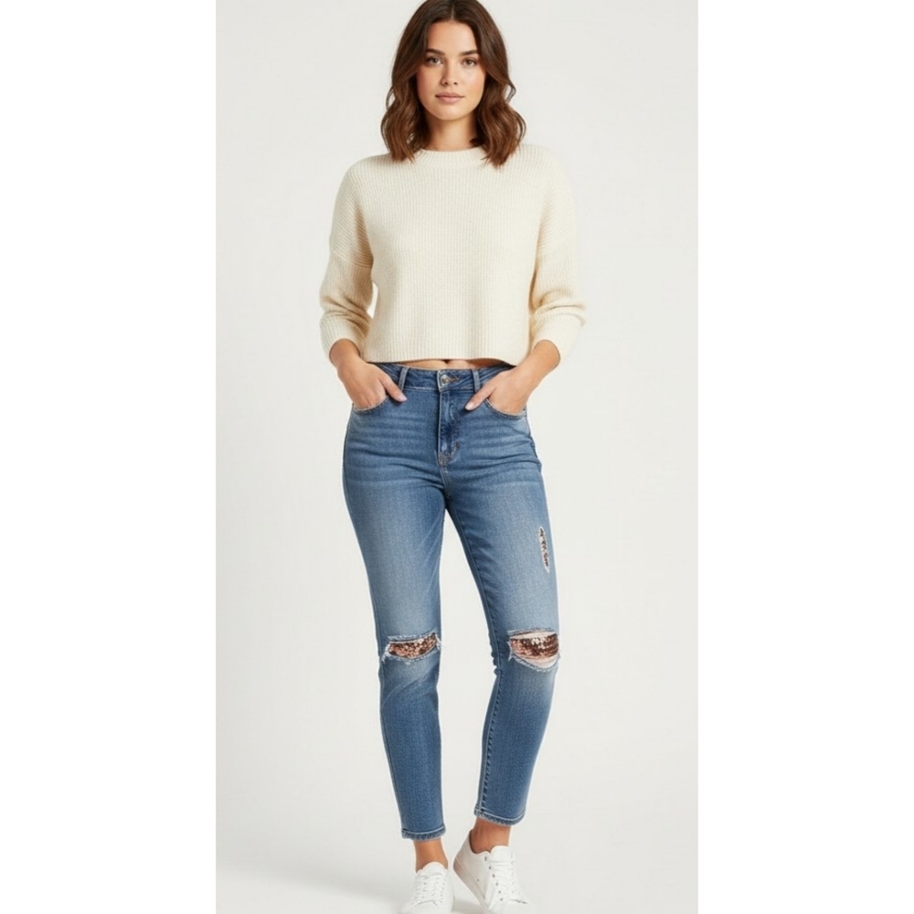 WHBM High Rise Everyday Soft Distressed Straight Leg Jeans Size 8